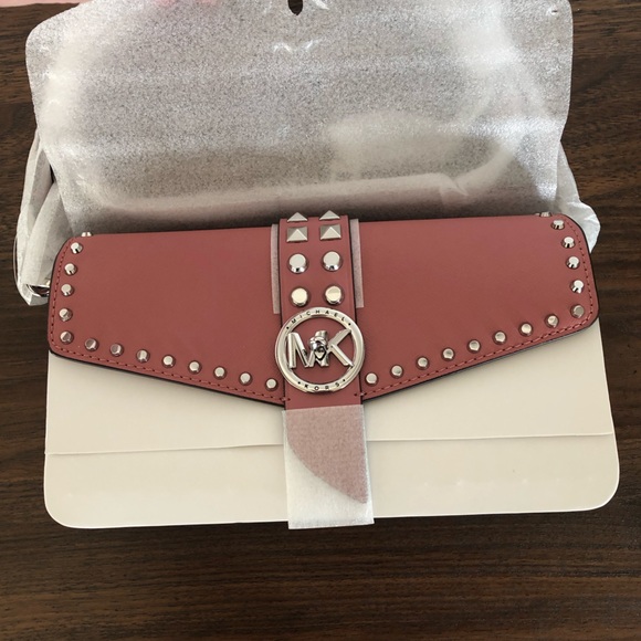 Michael Kors Greenwich Medium Studded Saffiano Leather Shoulder Bag Rose - Picture 7 of 16